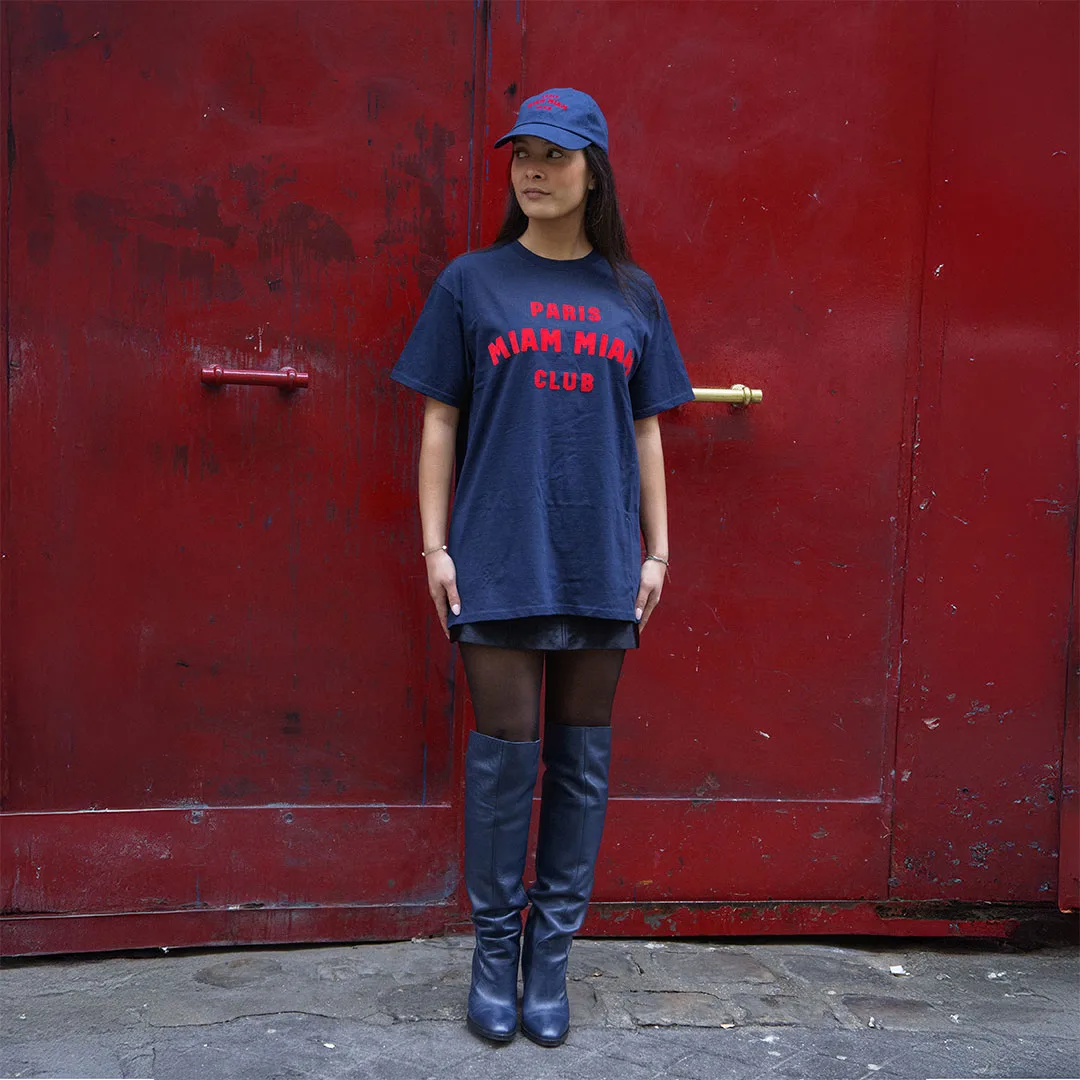 Full outfit featuring a navy blue Paris Miam Miam Club T-shirt and cap
